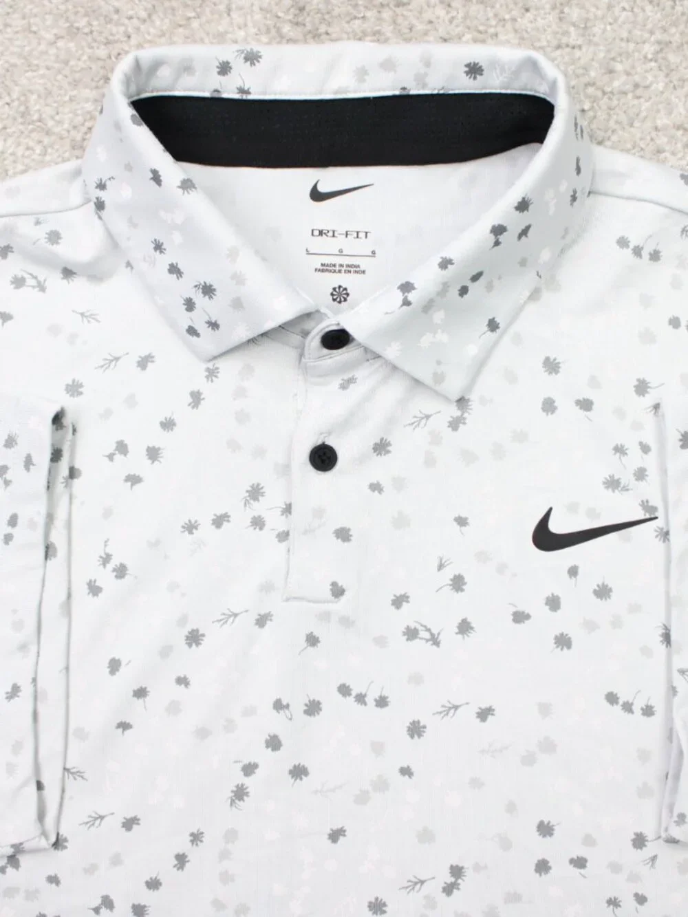 Nike Polo Shirt Mens Large White/Gray All Over Print Dri-Fit Golf Short Sleeve